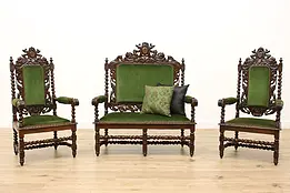 Black Forest Oak Antique 3 pc Settee & Chair Set, Mohair  #46111