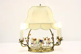 French Antique Brass Lamp, Porcelain Cherub Musician Band #45947