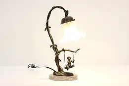 Art Nouveau Antique Brass & Marble Desk Lamp, Angel on Swing #45620