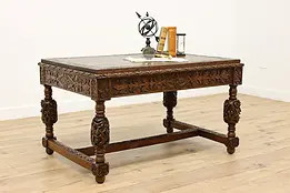 Renaissance Oak Antique Library Table or Desk, Carved Heads #45710