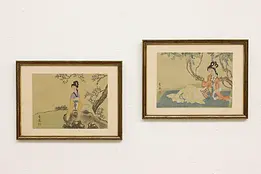 Pair of Japanese Women Original Antique Watercolor Portraits #46238