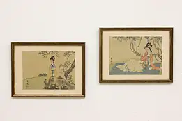 Pair of Japanese Women Original Antique Watercolor Portraits #46238