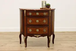 French Antique Marquetry Demilune Hall Console, Marble Top #46023