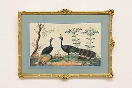 Asian Birds Antique Original Watercolor Painting on Silk 17" #46518