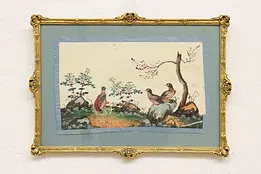 Asian Birds Antique Original Watercolor Painting on Silk 17" #46522