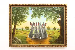 Decision Rabbits Vintage Original Oil Painting, Bissell 40" #46723