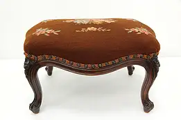 French Antique Carved Mahogany Footstool, Needlepoint #46594