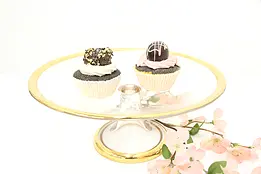 Footed Vintage Glass Cake Pie or Pastry Stand, Gold Rim #46193