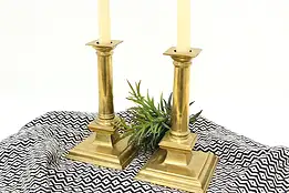 Pair of Antique English Farmhouse Brass Square Candlesticks #43981