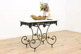 French Antique Brass & Iron Baker Table Hall Console Marble  #46532