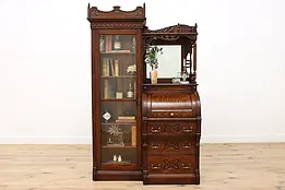 Victorian Antique Oak Roll Top Secretary Desk & Bookcase #46465