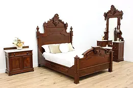 Victorian Antique Walnut 3 Pc Queen Bedroom Set Marble Tops #34491