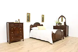 Tudor Antique Carved Oak 3 pc Bedroom Set, Full Size Bed #45820