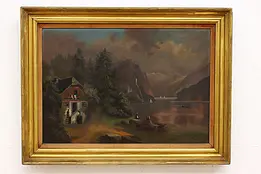 Lakeside Farm Victorian Antique Original Oil Painting 35.5" #44705