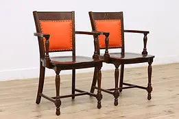 Pair of Antique Oak & Leather Banker Office Chairs Milwaukee #42863