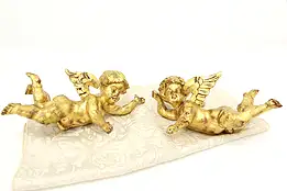 Pair of Vintage Gold Italian Carved Angel Cherub Sculptures #46870