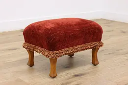Carved Walnut Vintage Footstool, Red Upholstery & Fringe #46969