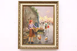 Chicken Market Original Vintage Oil Painting, Siska 24.5" #46929
