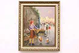 Chicken Market Original Vintage Oil Painting, Siska 24.5" #46929