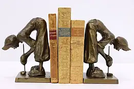 Pair of Antique Bronze Finish Golf Statue Bookends, Frankart #46630