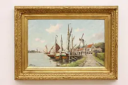 Harbor & Windmills Antique Original Oil Painting Arden 48.5" #46363