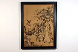 French Family, Dog & Gondola Framed Antique Tapestry 54.5" #46364
