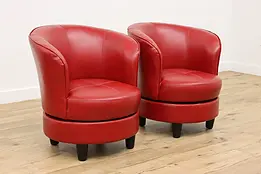 Pair of Vintage Red Faux Leather Swivel Club Chairs, Haining #47015