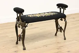 Art Deco Antique Cast Iron Bench with Arms, Needlepoint #46069