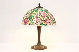 Leaded Stained Glass Antique Library Desk Lamp Roses, Empire #47036