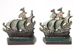 Pair of Antique Painted Cast Iron Sailing Ship Bookends #46673