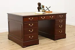 English Vintage Mahogany Office Library Desk, Tooled Leather #34227
