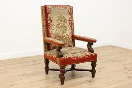 Renaissance Antique Carved Oak Needlepoint Tapestry Chair #47172