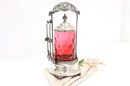 Victorian Antique Cranberry Glass Silverplate Pickle Castor #46327