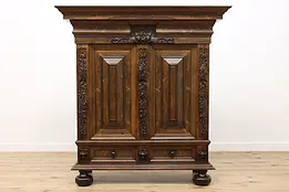 Dutch Antique Carved Oak Kas Dowry Armoire Wardrobe Cabinet #46970