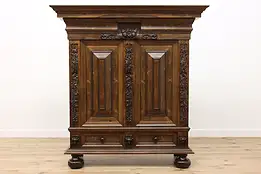 Dutch Antique Carved Oak Kas Dowry Armoire Wardrobe Cabinet #46970