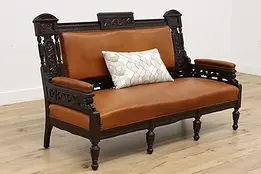 Victorian Eastlake Antique Mahogany & Leather Settee or Sofa #47175