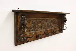 Vintage Carved Lions Antique Coat Rack & Wall Shelf #47238