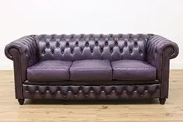 Chesterfield Tufted Purple Leather Vintage 3 Cushion Sofa #46773