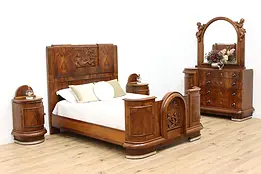 Art Deco Vintage Walnut 4 pc Queen Size Bedroom Set, Cherubs #45678