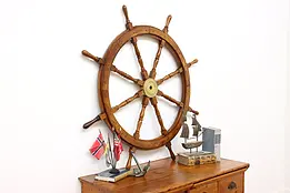 Farmhouse Vintage Walnut & Brass Salvage Captain Ship Wheel #46628