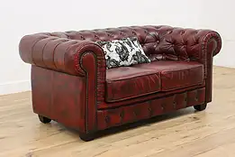 Chesterfield Tufted Red Leather Vintage Loveseat Small Sofa #46978