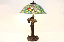 Art Nouveau Vintage Woman Sculpture Lamp Stained Glass Shade #47160