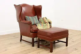 Georgian Design Vintage Leather Chair & Ottoman, Hickory #47367