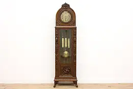 Carved Oak Antique German Grandfather Tall Case Clock Angels #44306