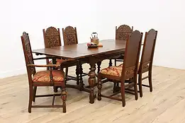 Tudor Design Antique Carved Oak Dining Set, Table & 6 Chairs #47265