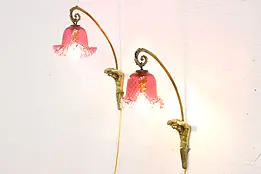 Pair of Brass Wall Sconces Cranberry Glass Shades #46390