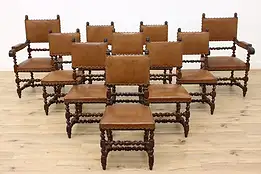 Set of 10 Antique Oak & Leather Italian Dining Chairs, Lions #47295