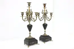 Pair of French Antique Brass & Marble 5 Arm Candelabra #45957