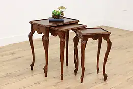 Set of 3 Vintage Carved Inlaid Walnut Nesting Snack Tables #47276