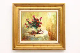 Roses in Vase Vintage Original Oil Painting, Thorn 36" #47398